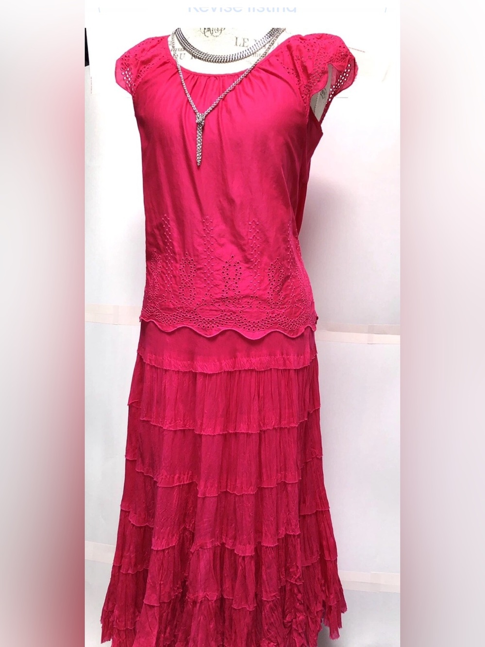 LOT OF 2: Banana Republic Eyelet Top & RUFFLED TIERED SKIRT COTTON HOT PINK MED - Picture 2 of 13